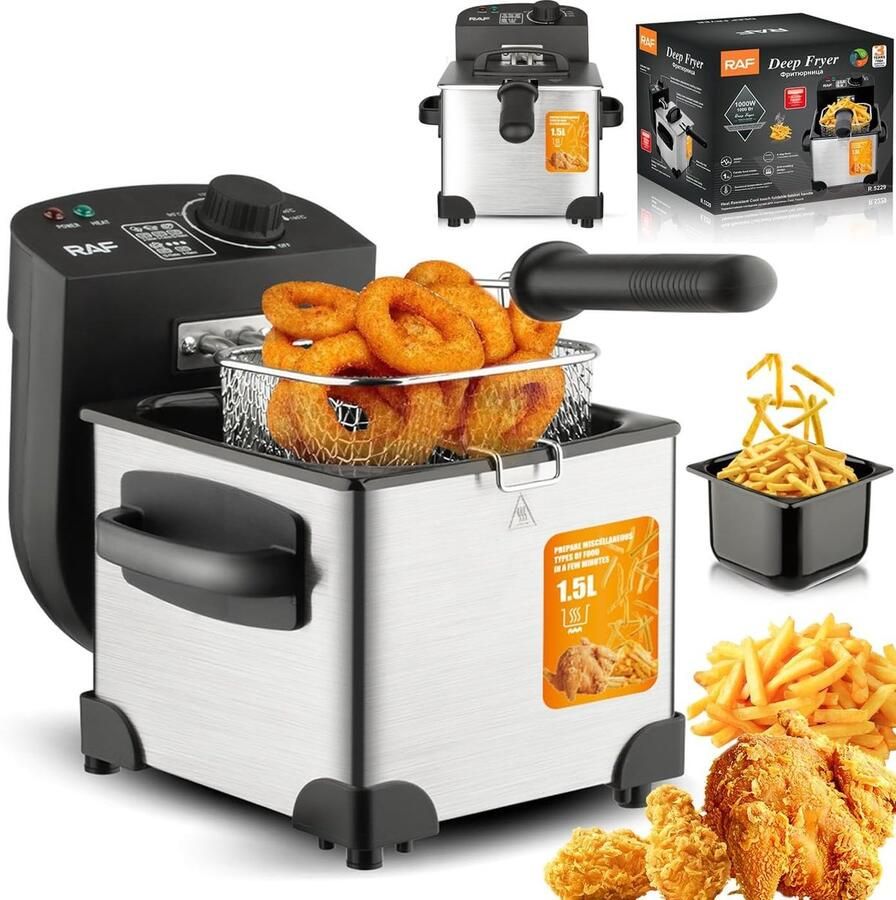 Elektrische Frituurpan Kleine Friteuse Friet en Snacks Instelbare Temperatuur 1.5L Capaciteit Zilver