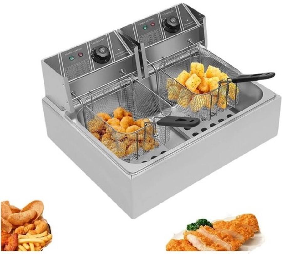 Elektrische frituurpan Met dubbele frituurmand Voor lekker frituren Dubbele temperatuurregeling Capaciteit van 12 liter Zilver