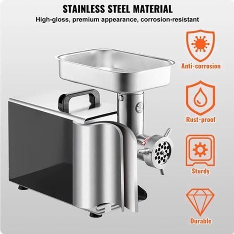 Elektrische Gehaktmolen Voor alle soorten Vlees Roestvrij staal Vleesmolen worstenmaker 600W Mondgrootte 12 Maalcapaciteit 5.5LBS M Zilver