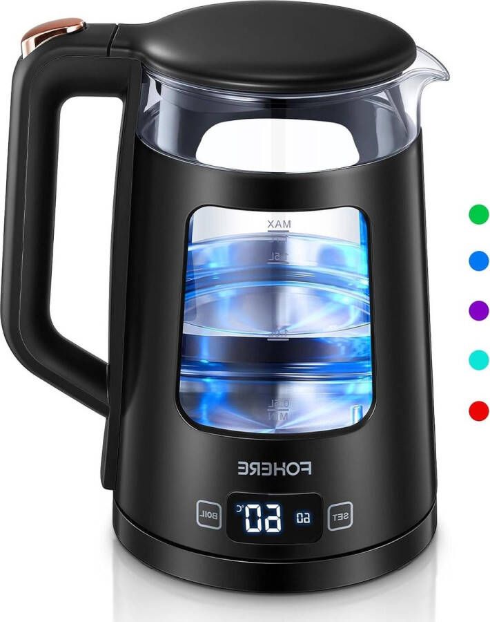 Elektrische glazen waterkoker temperatuurinstelling 1 7 l warmhoudfunctie 2200 W automatische uitschakeling droogkookbeveiliging 5 gekleurde lampen zwart