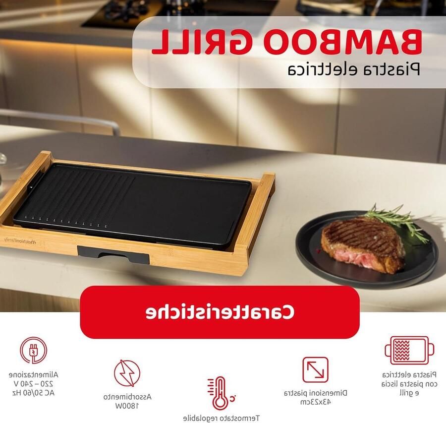 Elektrische Grill Bakplaat Buiten koken Afneembare bamboe schaal 43x23 cm Zwart