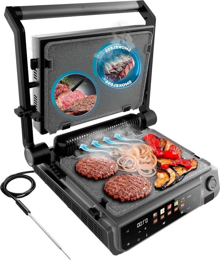 Elektrische Grill Bakplaat Smash Burgers Maken Intelligente Temperatuursonde 30 x 21 cm Zwart