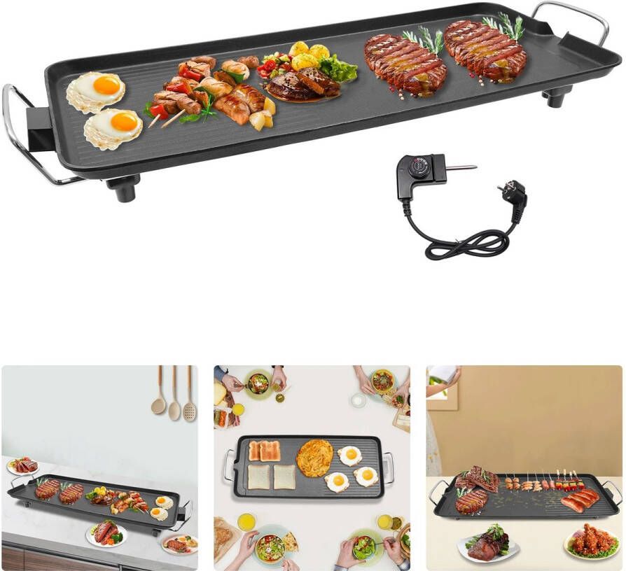 Elektrische Grill Barbecue Tafelgrill Buiten Grillplaat Elektrische Bakplaat 1500W Antiaanbaklaag Instelbare Temperatuur 68x28 cm Zwart Voor Binnen & Buiten Tot 6 Personen Draagbaar Met Vetopvanggoot