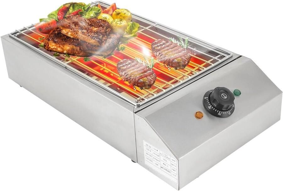 Elektrische Grill Tafelgrill Buiten Koken Verstelbare Temperatuur 54 x 28 cm Zilver