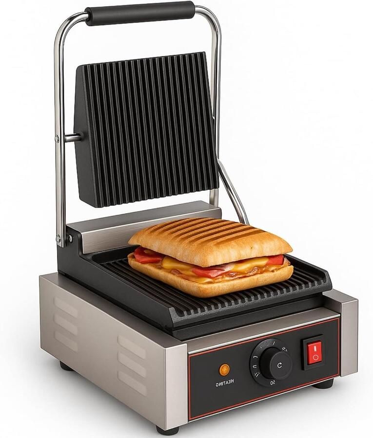 Elektrische Grill Contactgrill Panini Snel Grillen Gietijzeren Platen 23x22 cm Zilver