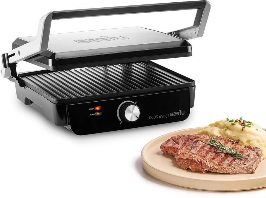 Elektrische Grill Contactgrill Panini Snelle Maaltijden 180 Graden Opening 29 x 23 cm Zwart RVS
