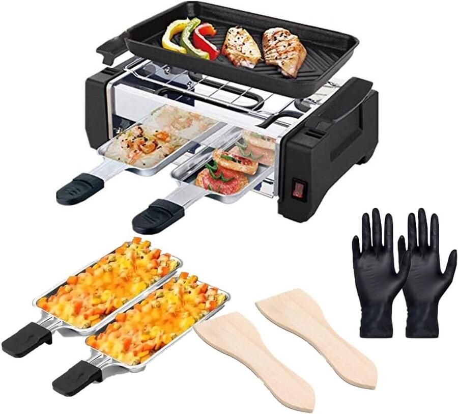 Elektrische Grill Contactgrill Raclette Gezellig Eten 2-in-1 Functie 1000W Vermogen Zwart