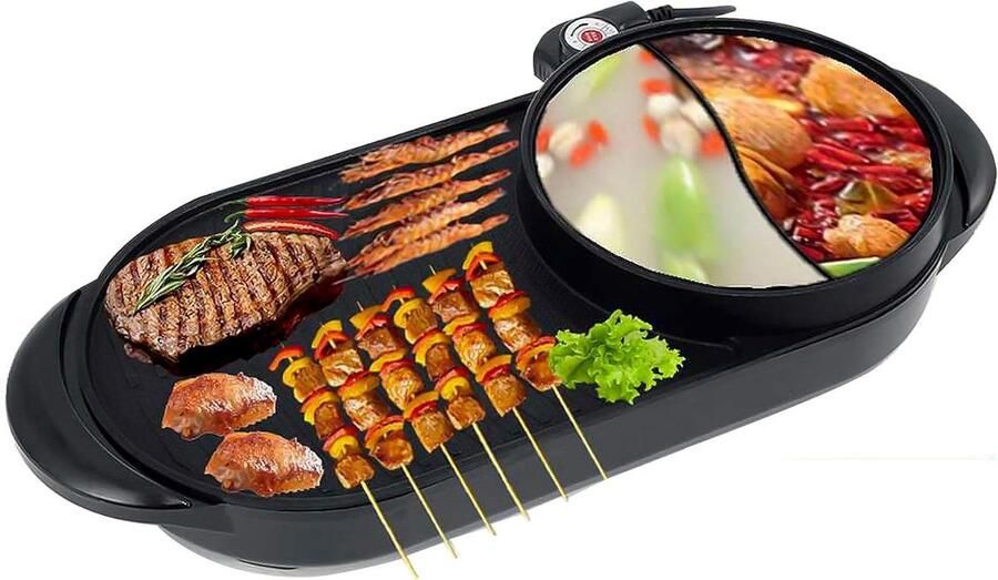 Elektrische Grill en Hotpot Dubbele Kookpan Bakplaat Samen Koken Rookvrij Antiaanbak 57x26 cm Zwart