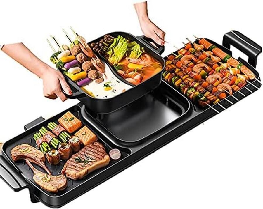 Elektrische Grill Hotpot 2-in-1 Apparaat Gezellig Tafelen Dubbele Antiaanbakpan 2200W Zwart