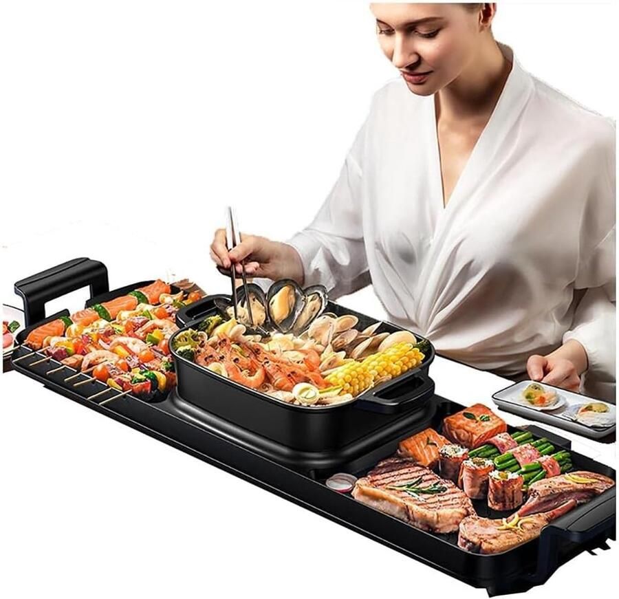 Elektrische Grill Hotpot 2-in-1 BBQ Indoor Buiten Koken Rookloos Koken 89cm Diameter Zwart