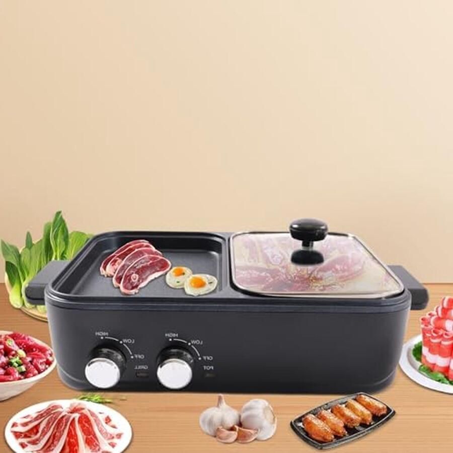 Elektrische Grill met Hotpot Barbecue Pan Gezellig Eten Dubbele Temperatuurregeling 38x22x10 cm Zwart