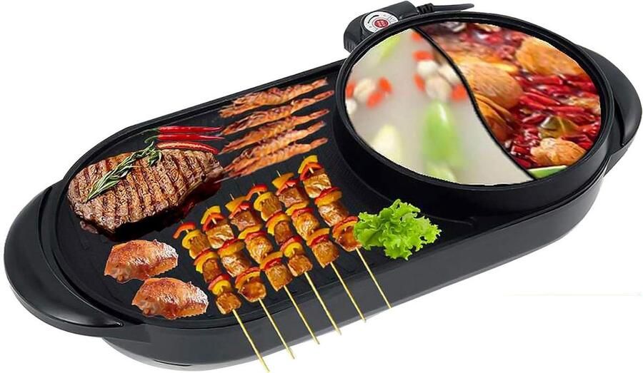 Elektrische Grill Pan Hotpot Kookpan Veelzijdig Koken Dubbele Smaak Hotpot 57 cm Lengte Zwart
