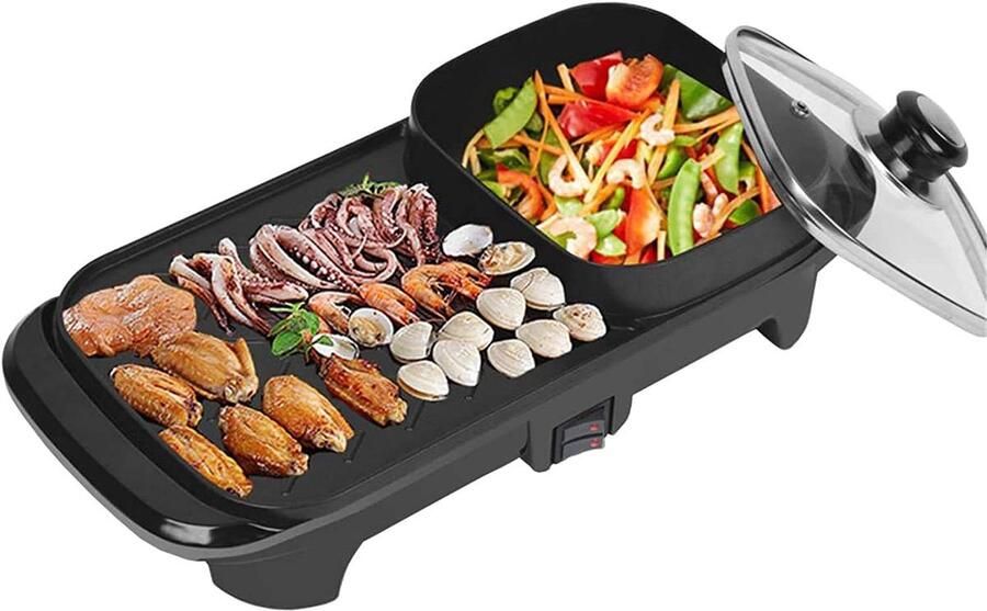 Elektrische Grill Pan Raclette Hot Pot Gezellig Tafelen 2-in-1 Functie 1100 Watt Zwart