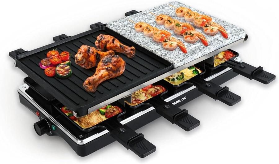 Elektrische Grill Raclette Set Gezellig Tafelen 2 Wisselplaten 8 Personen Zwart Zilver
