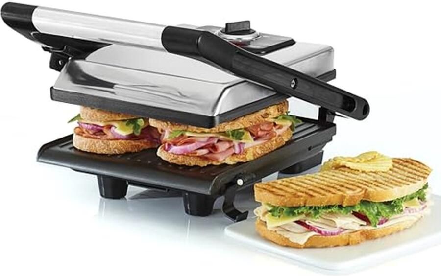 Elektrische Grill Sandwichmaker Panini Lekkere Broodjes Maken Verstelbare Deksel 27x27x11 cm Roestvrij Staal