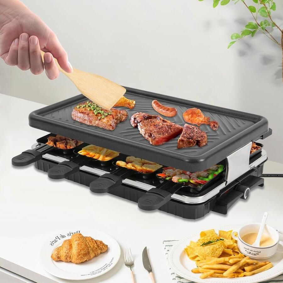 Elektrische Grill Tafelgrill Raclette Gezellig Binnen Buiten Inclusief 8 Pannetjes 41.5 x 25.5 cm Zwart
