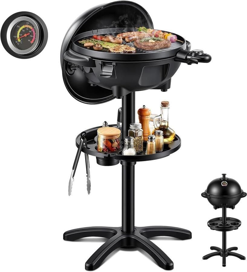 Elektrische Grill Tafelgrill Voeten Buiten Koken 2-in-1 Functie Ø 41 cm Zwart