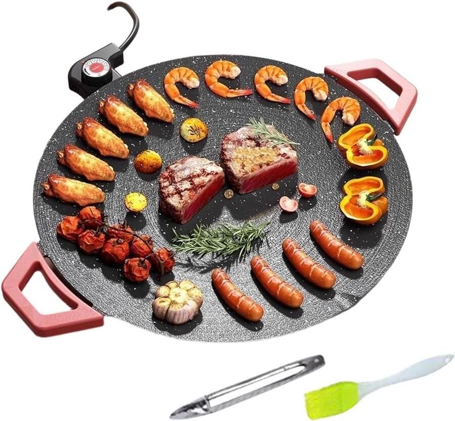 Elektrische Grillpan Bakplaat Ronde Pan Binnen Koken Geurloos Grillen 40 cm Zwart