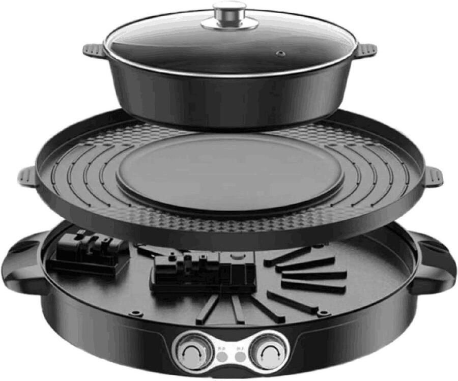 Elektrische Grillpan Hot Pot Bakplaat Gezellig Eten Dubbele Scheiding 44 cm Diameter Zwart