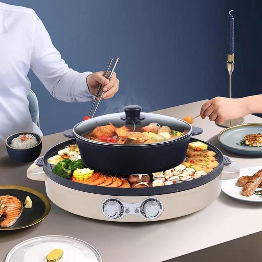 Elektrische Grillpan Hot Pot Samen Koken 2-in-1 Design 44 cm Diameter Goud