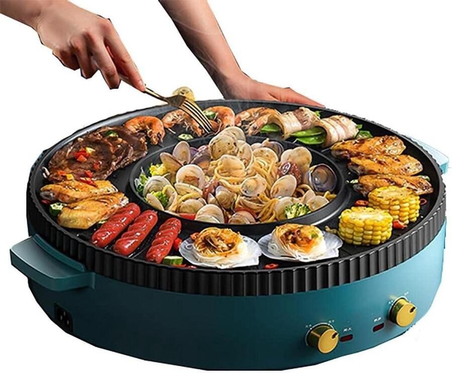Elektrische Grillpan Hotpot Pan Gezellig Eten Dubbele Temperatuurregeling 34 cm Groen