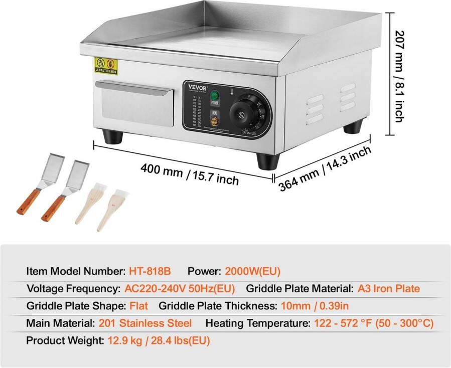 Elektrische Grillplaat 2000W – Grillplaat Teppanyaki Grill Roestvrij Staal – 50-300°C Temperatuurregeling – 14 inch Voor Horeca -en Thuisgebruik Ruim Bakoppervlak