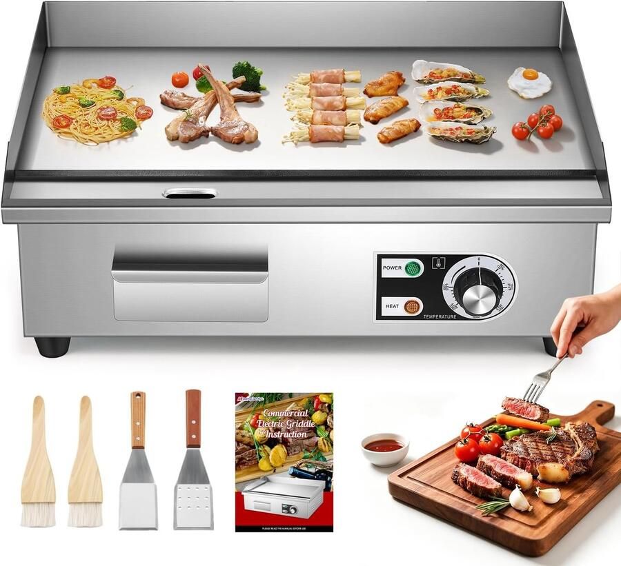 Elektrische grillplaat 22 inch 3000 W grill van roestvrij staal met afneembare oliefilter en instelbare temperatuur (0-300 °C) anti-aanbakplaat voor restaurants keukens (55 cm)
