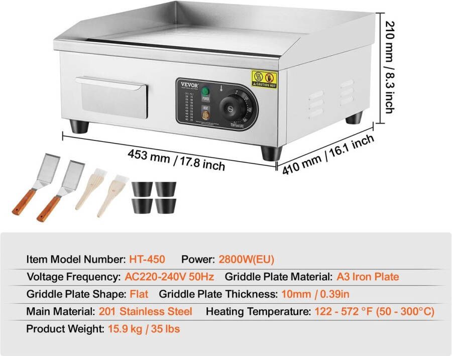 Elektrische Grillplaat 2800W – Grillplaat Teppanyaki Grill Roestvrij Staal – 50-300°C Temperatuurregeling – 18 inch Voor Horeca en Thuisgebruik Ruim Bakoppervlak