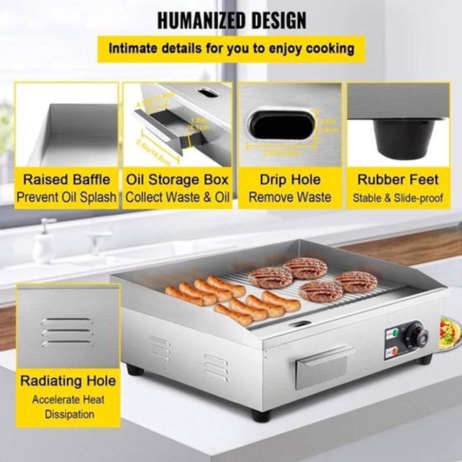 Elektrische Grillplaat 2800W – Grillplaat Teppanyaki Grill Roestvrij Staal – 50-300°C Temperatuurregeling – 18 inch Voor Horeca en Thuisgebruik Ruim Bakoppervlak
