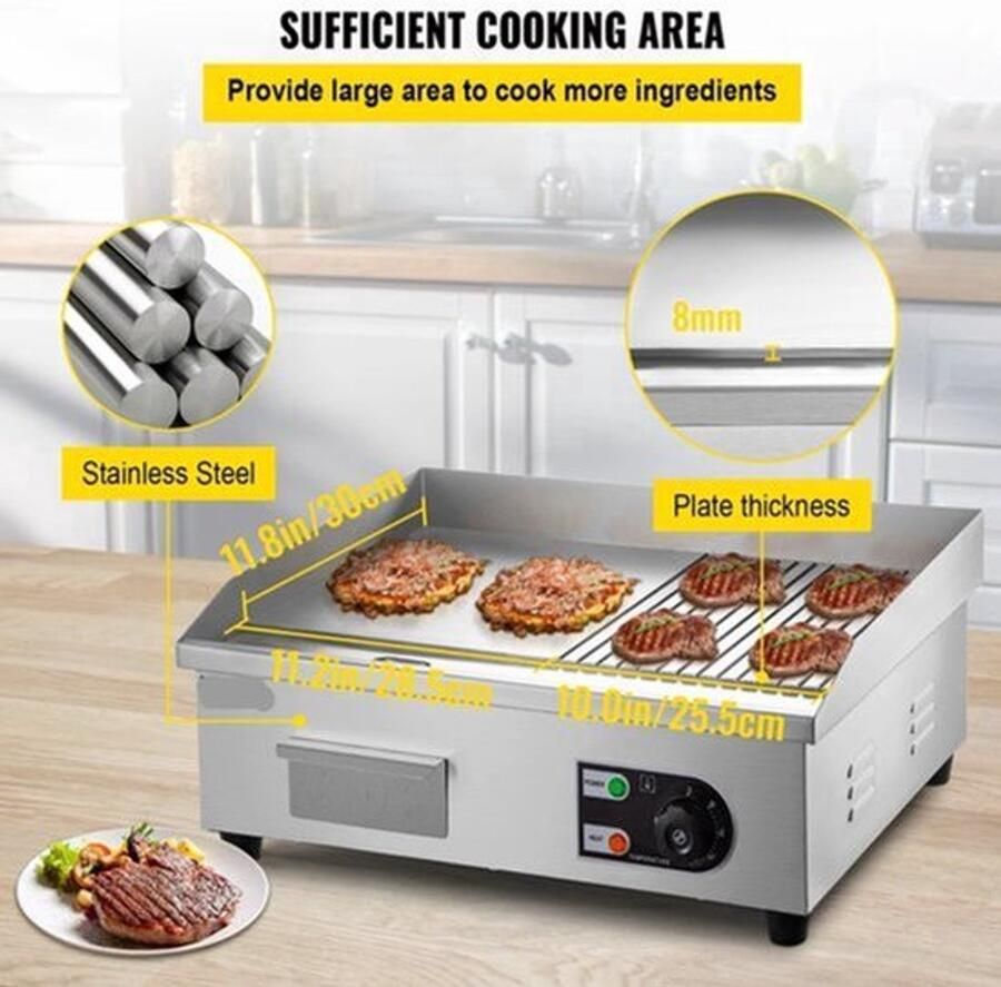 Elektrische Grillplaat 2800W – Grillplaat Teppanyaki Grill Roestvrij Staal – 50-300°C Temperatuurregeling – 18 inch Voor Horeca en Thuisgebruik Ruim Bakoppervlak