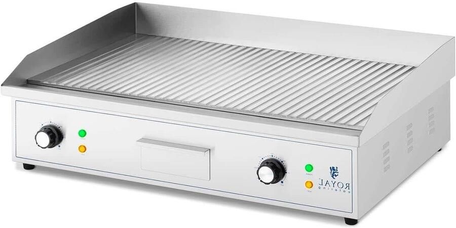 Elektrische Grillplaat Bakplaat Plancha Professioneel Grillen Geribbeld Gietijzer 700 x 400 mm Zilver