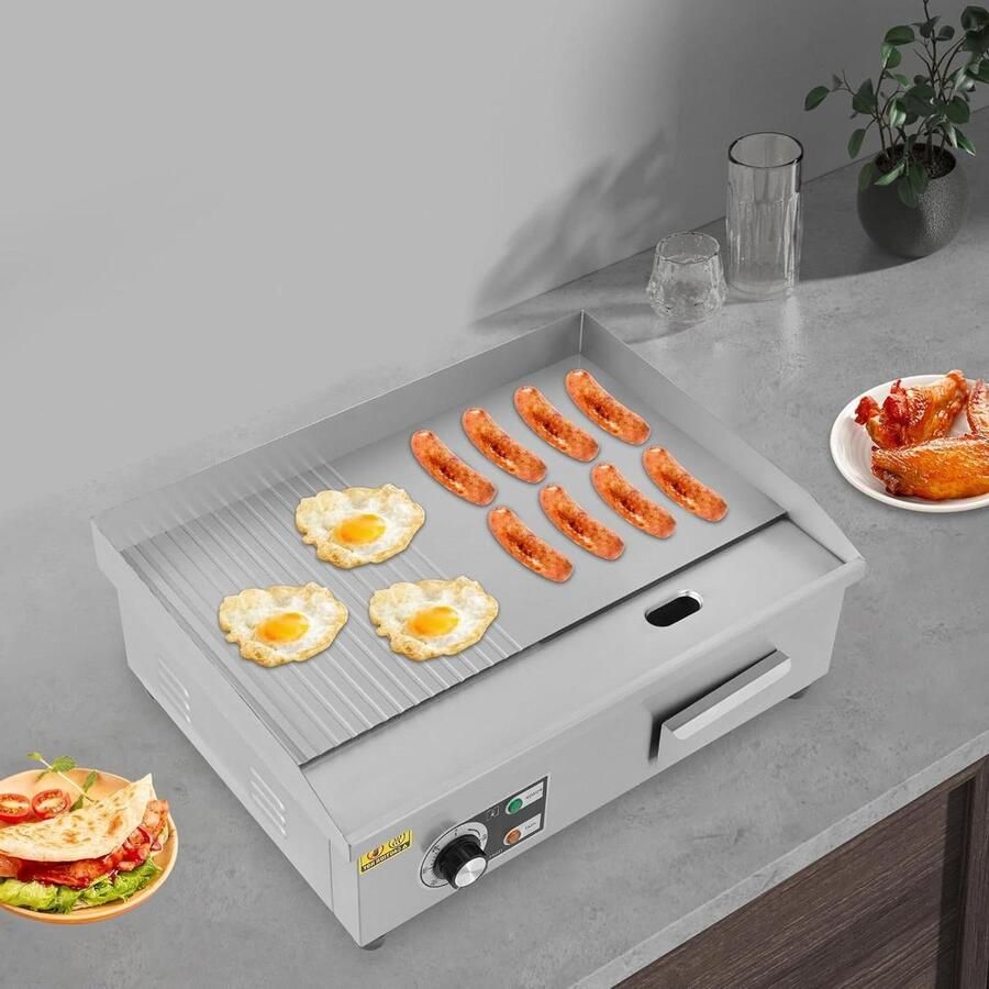 Elektrische Grillplaat Bakplaat Professioneel Koken Half Glad Half Gegroefd 36 x 30 cm Zilver