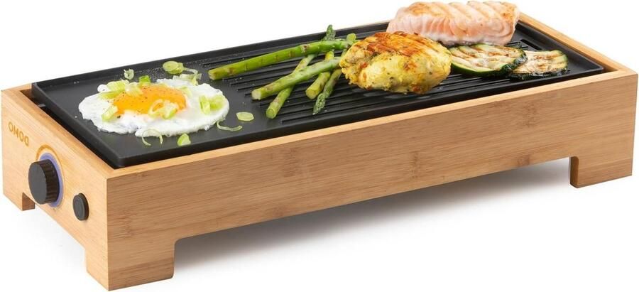 Elektrische Grillplaat Bakplaat Tafelgrill Gezellig Tafelen PFAS-vrije Coating 36x14 cm Bamboe Zwart