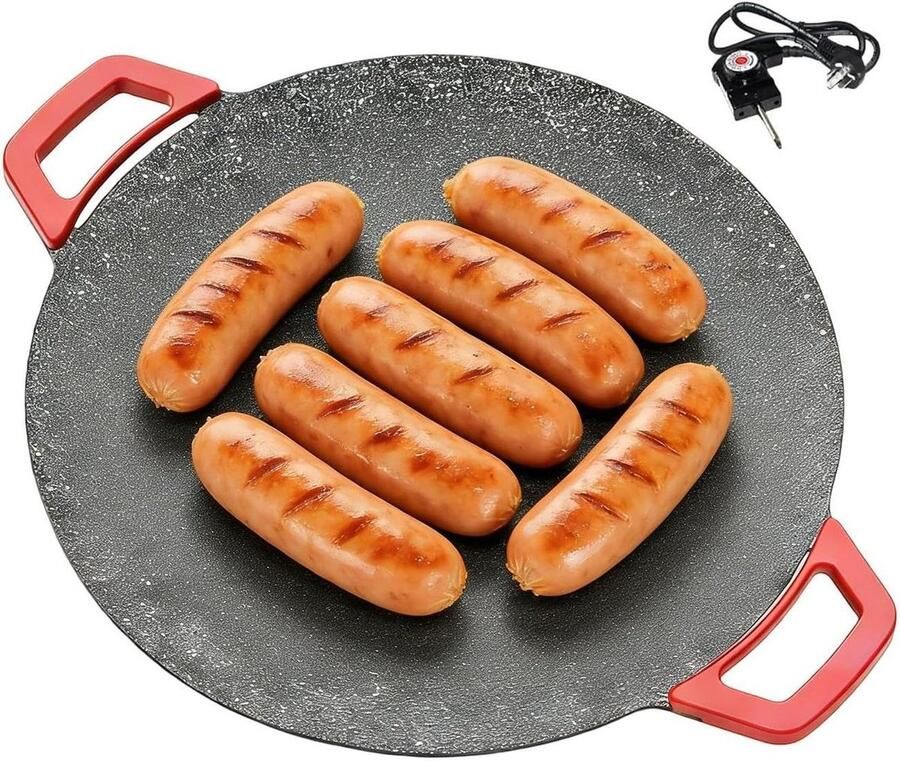 Elektrische Grillplaat Elektrische Pan Grill Buiten Koken Dubbele Anti-aanbaklaag 30 cm Zwart