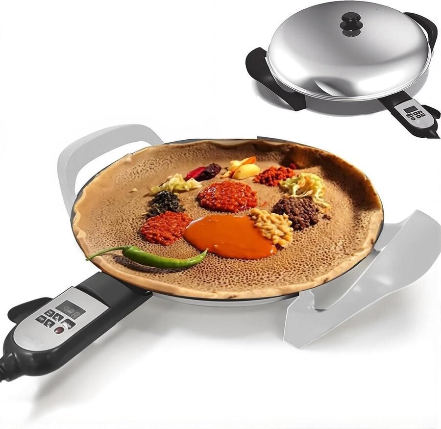 Elektrische Grillplaat Injera Maker Plat Brood Bakken Instelbare Digitale Temperatuur 40cm Diameter Zwart