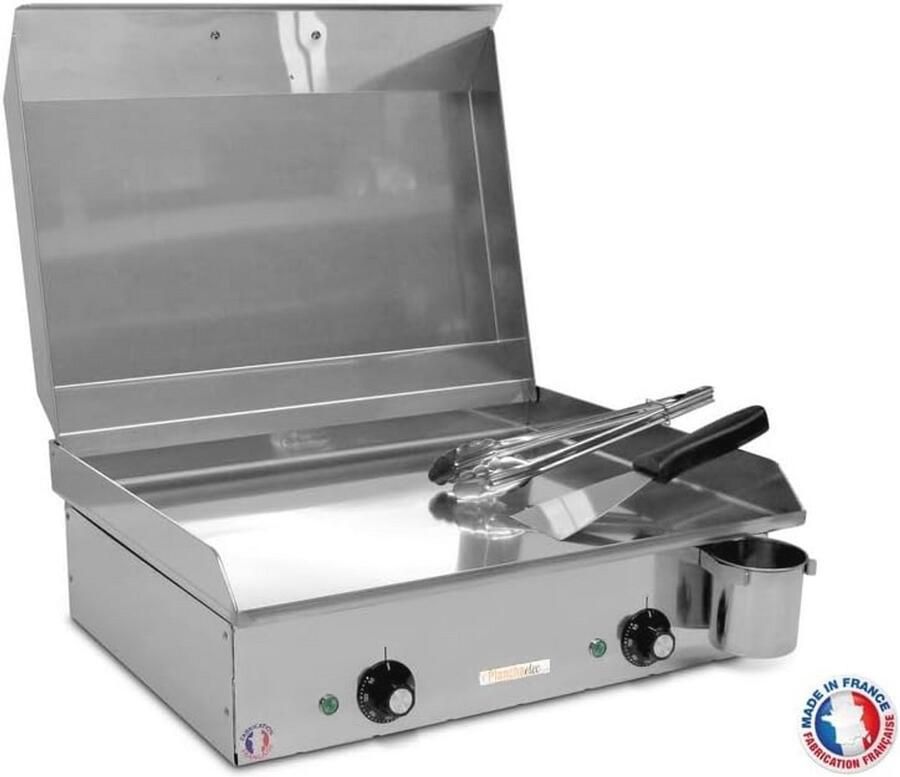 Elektrische Grillplaat met Deksel en 2 Gebruiksvriendelijke Voorwerpen – Roestvrij Staal Verstelbare Thermostaat voor 8 Personen – L 53 x D 43 x H 18 cm