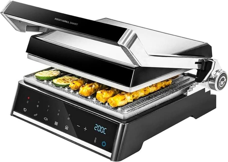 Elektrische Grillplaat Rock nGrill Smart. 2000 W Autocook Systeem Temperatuur regelt in functie RockStone coating 180º Graden Opening Nero Acciaio inossidabile