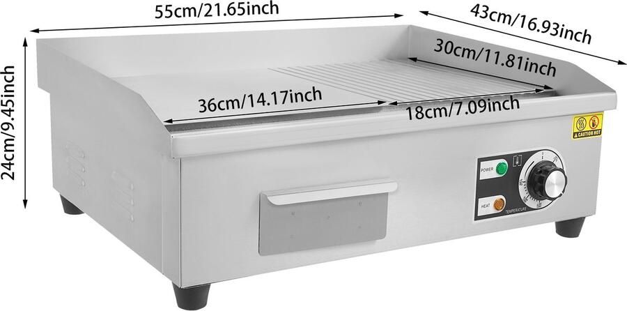 Elektrische Grillplaat Semi-Vlak 3000 W Vermogen 55x43x24 cm Afmeting RVS Materiaal Voor Aanrecht Gebruik