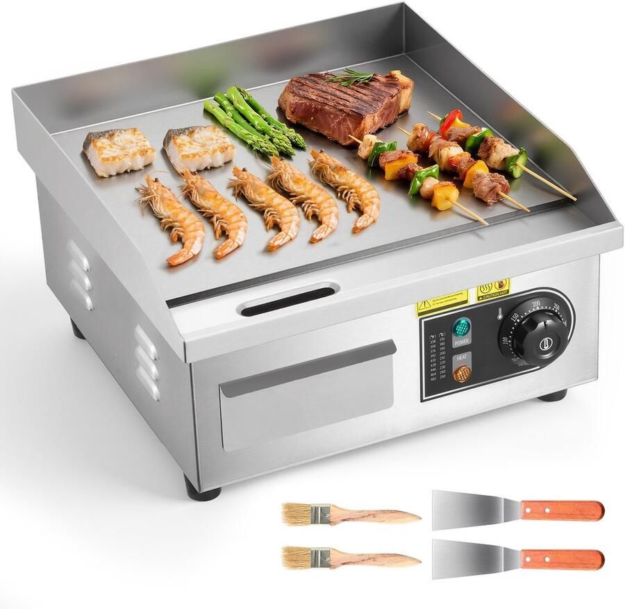 Elektrische grillplaat Tafelbakplaat Vermogen 2000 W Bakoppervlak 35 5 x 30 cm Temperatuur 50-300 °C RVS Behuizing Inclusief 2 Spatels en 2 Borstels