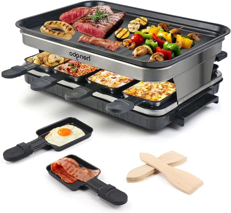 Raclette Grill 8 Personen – Gourmetstel 1500W – Antiaanbakplaat – 8 Pannetjes & 4 Spatels
