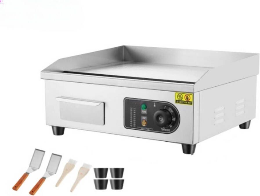 Elektrische Grillplaat Teppanyaki Grill voor Horeca Thuisgebruik Ruim Bakoppervlak 50-300°C Temperatuurregeling AC 220-240V 50Hz 2800W 18 inch RVS Zilver