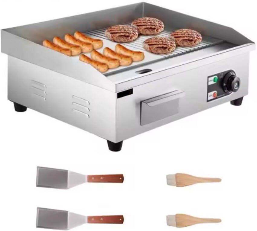 Elektrische Grillplaat Teppanyaki Grill voor Horeca Thuisgebruik Ruim Bakoppervlak 50-300°C Temperatuurregeling AC 220-240V 50Hz 2000W 14 inch RVS Zilver