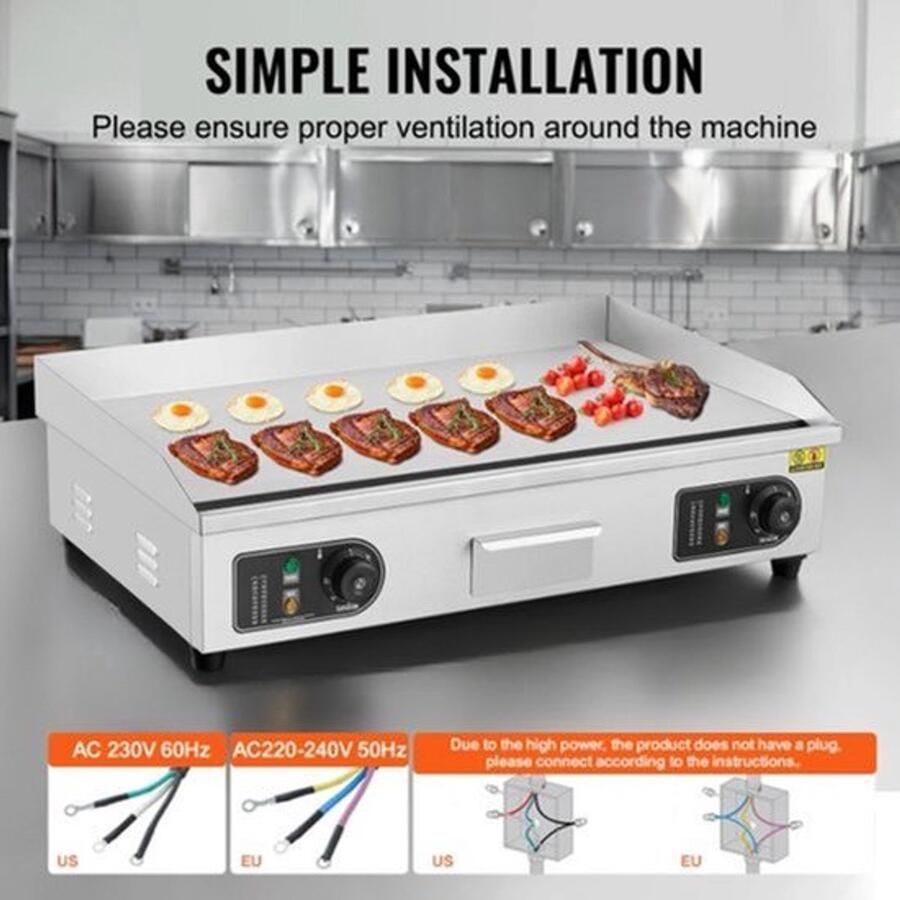 Elektrische Grillplaat Teppanyaki Grill voor Horeca Thuisgebruik Ruim Bakoppervlak 50-300°C Temperatuurregeling AC 220-240V 50Hz 2800W 18 inch RVS Zilver - Foto 2