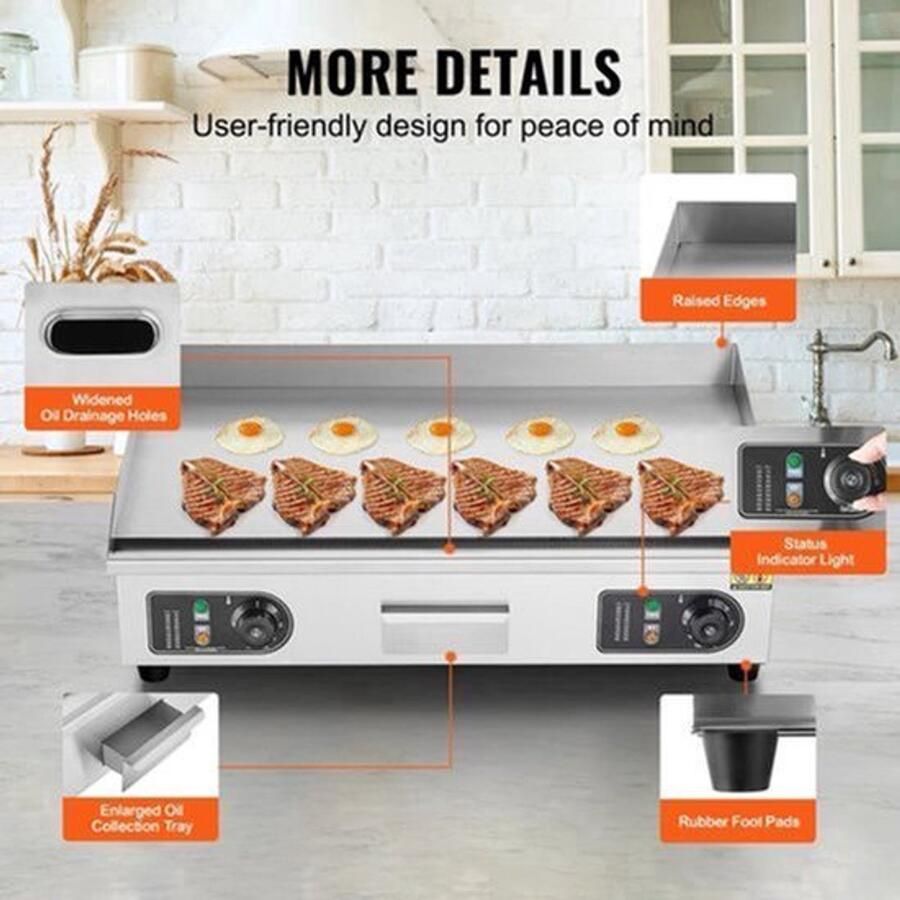 Elektrische Grillplaat Teppanyaki Grill voor Horeca Thuisgebruik Ruim Bakoppervlak 50-300°C Temperatuurregeling AC 220-240V 50Hz 2800W 18 inch RVS Zilver