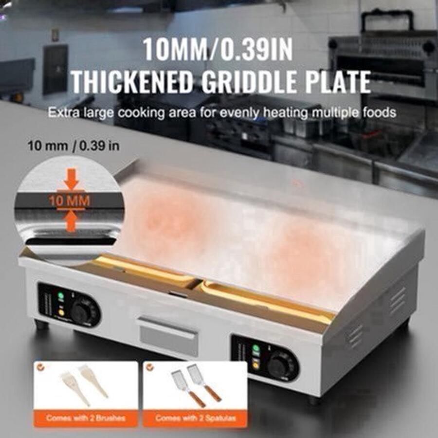 Elektrische Grillplaat Teppanyaki Grill voor Horeca Thuisgebruik Ruim Bakoppervlak 50-300°C Temperatuurregeling AC 220-240V 50Hz 2800W 18 inch RVS Zilver