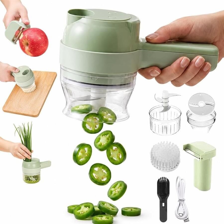 Elektrische Groentesnijder 4 in 1 Hakmolen Uiensnijder Mini Chopper Food Chopper Mini Foodprocessor USB oplaad BPA-Vrij Multifunctioneel Voor babyvoeding knoflook chilipepers uien selderij en gember Groen