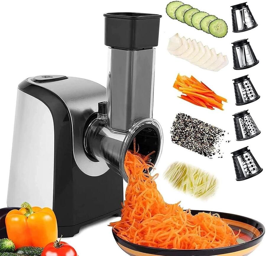 Elektrische Groentesnijder Keukenmachine Raspen Snel Groenten Snijden 5-in-1 Kegelmessen 150 Watt Motor Zilver Zwart