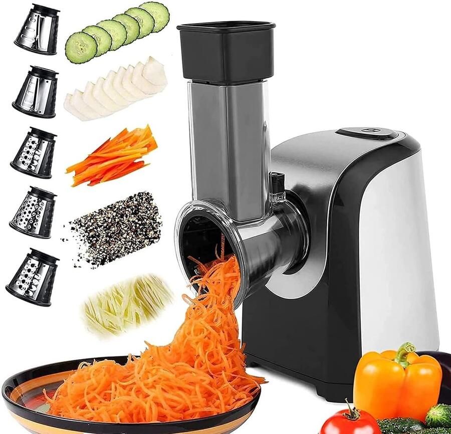 Elektrische Groentesnijder Keukenmachine Snel Groenten Snijden 5-in-1 Kegelmessen 150 Watt Zilver Zwart