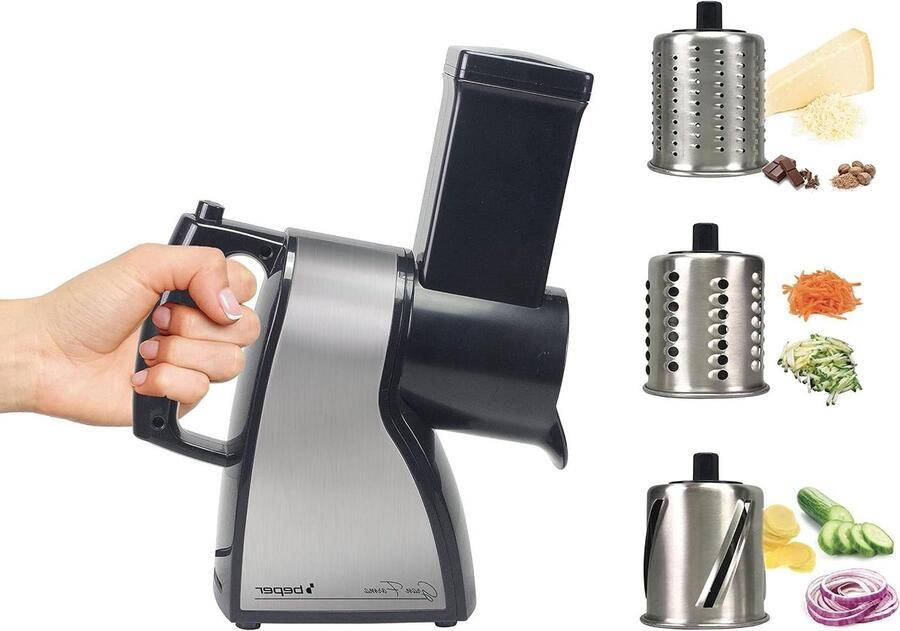 Elektrische Groentesnijder Rasp Kaasrasp Julienne Keuken Voorbereidingen 3 Roestvrijstalen Kegels 16 Kilogram Zilver en Zwart