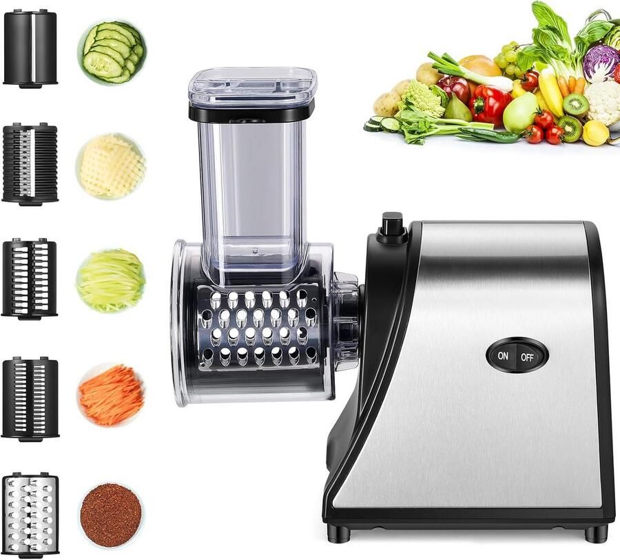 Elektrische Groentesnijder met 5 RVS Messen voor Snijden en Raspen van Groente en Kaas